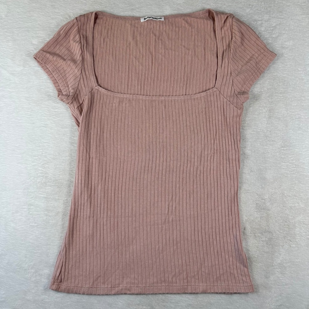 Reformation Womens Pink Ribbed Square Neck Tencel Modal Short Sleeve Top Medium